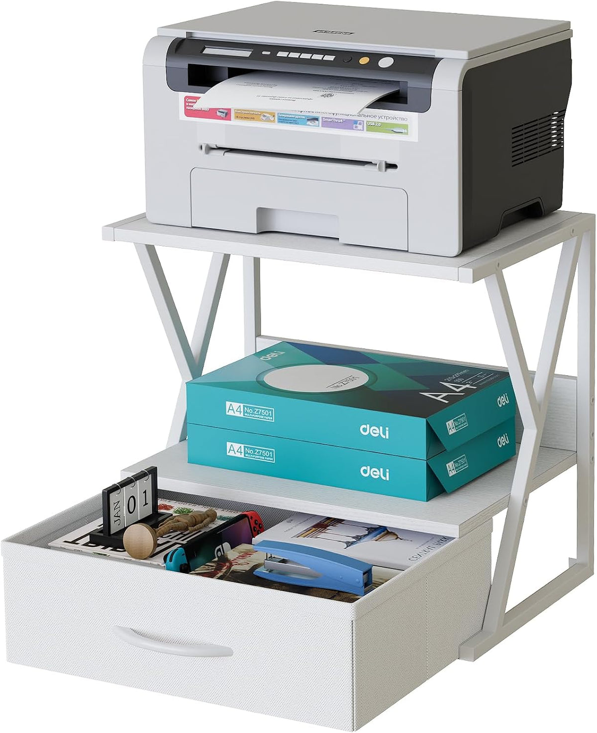 Printer Stand for Desk with Storage Drawer, 2 Tier Desktop Or UnderDesk Shelf, Multi-Purpose Desk Organizer for Home Office, fit Fax Machine/3D Printer/Scanner, Rustic Brown