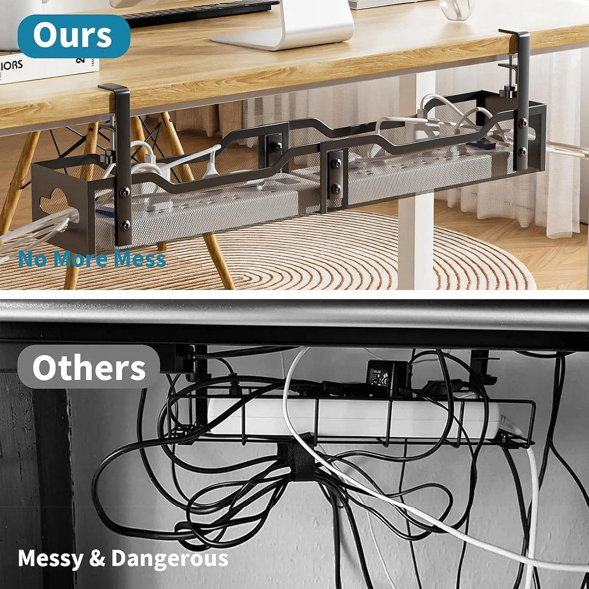 Under Desk Cable Management Tray No Drill, Metal Mesh Cable Management Under Desk with Clamp Mount, 2 Hole Cable Tray with Wire Management and Cord Organizer for Home Office Standing Desk