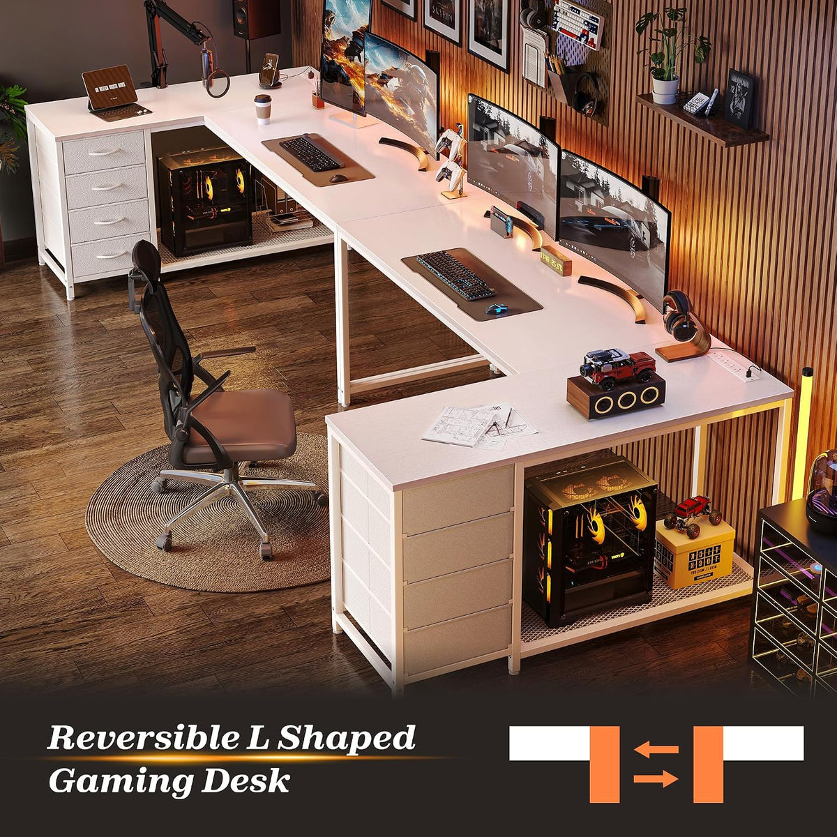 61" L Shaped Desk with Power Outlets & 4 Drawers