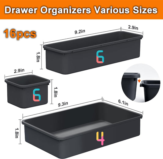 Desk Drawer Organizer Tray Set, 16PCS Plastic Drawer Organizer Bins for Office, Makeup, Kitchen - Gray Blue Desk Organizer with Flexible Interlocking Design for Efficient (Gray Blue, 16PCS)