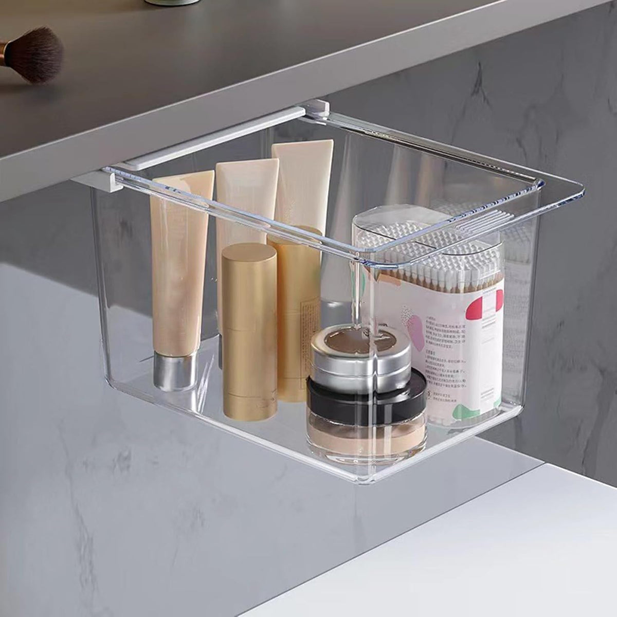 Under Desk Drawer Organizer - Wall-Mounted Dust-Proof Clear Pull-Out Storage Box with Cartoon Design, Stackable Slide-Out Drawer for Desk, Kitchen, Bathroom, Makeup, Cotton Swabs, Stationery