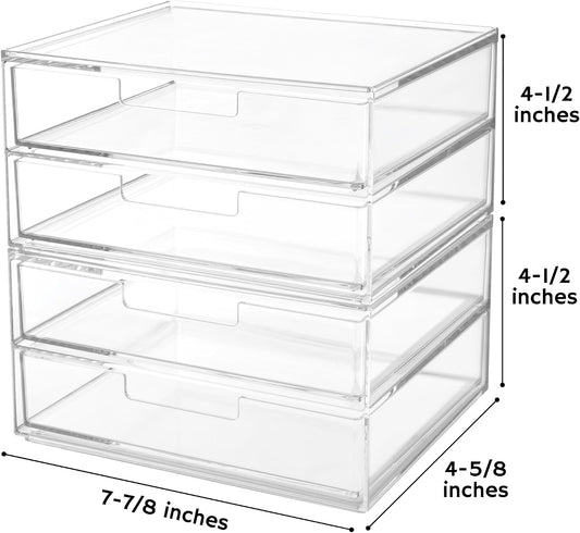 Stackable Desk Drawer Organizer, Clear Pen Pencil Makeup Brush Holder for Desktops and Vanities, 4 Wide Drawers (Made in USA)