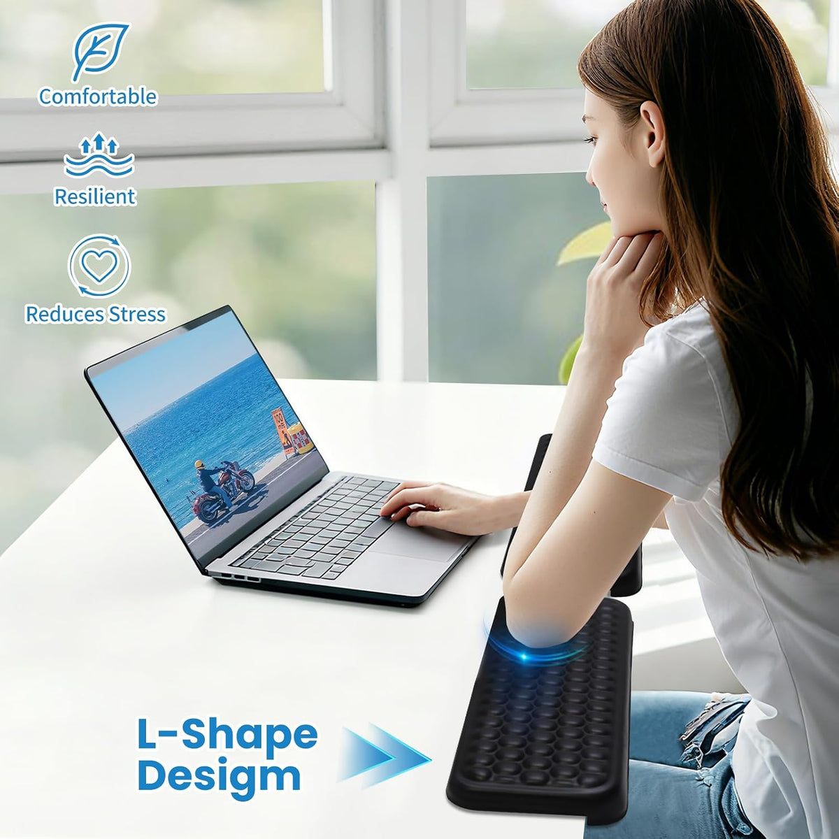 Arm Rest for Desk, L-Shaped Memory Foam Elbow Pads with Non-Slip Base, 2-Piece Ergonomic Desk Edge Cushion & Wrist Rest for Computer Keyboard, Office and Home Use