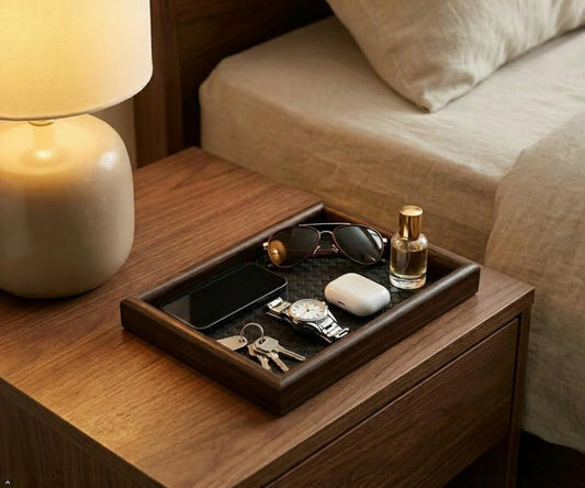 Wooden Valet Tray with Leather Base - EDC Catchall Tray for Men