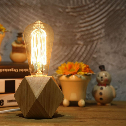 Small Wood Table Lamp Edison Bulb Dimmable Desk Lamp E26 60W Industrial Night Light Boho Deco for Bedroom, Living Room or Office(No Bulb)