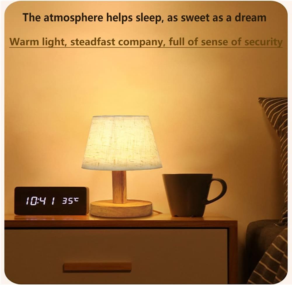 Small Bedside Table Lamp, Wooden Bedroom Lamp with Linen Shade, Mini Desk Night Light for Bedroom, Living Room, Kids Room