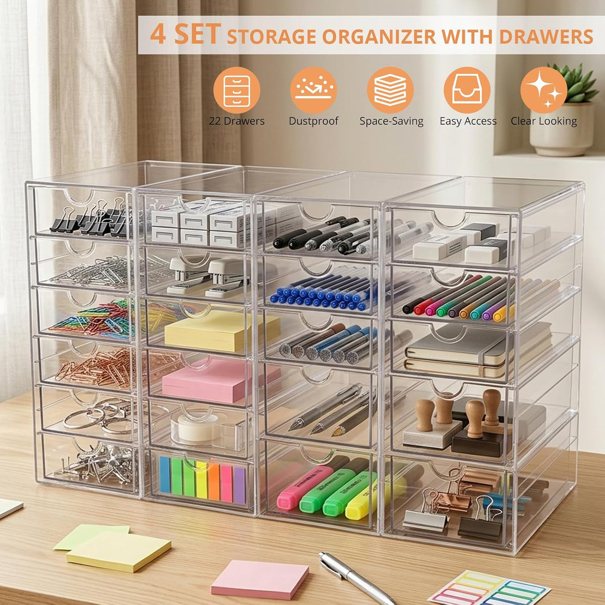 Acrylic Makeup Drawer Storage Organizer with 24 Drawers, 4 Set