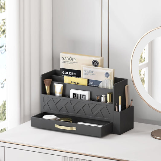 Wisuce Bamboo Mail Organizer Countertop with Drawer and Pen Holder, Black
