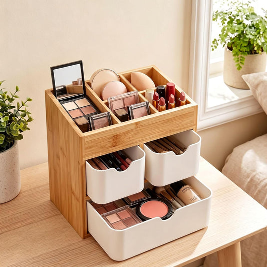 Bamboo Makeup Organizer, 3-Drawer Vanity Storage with Dividers