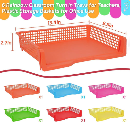 6 Pack Turn in Trays Classroom, Colorful Turn in Trays for Teachers, Plastic Classroom Paper Organizers, Stackable Tray for Classroom, Library, Drawers, Office Desk(13.4 * 9.5 * 2.7in)