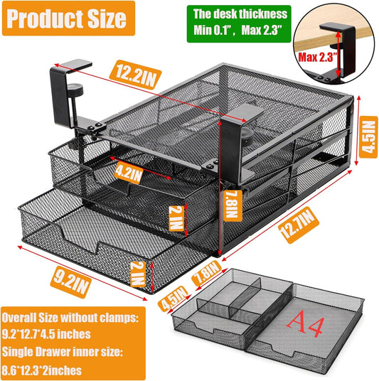 Under Desk Drawer Organizer Slide Out, 2-Tier Metal Under Table Storage Drawers Clamp On for Home Office, Black, No Drilling