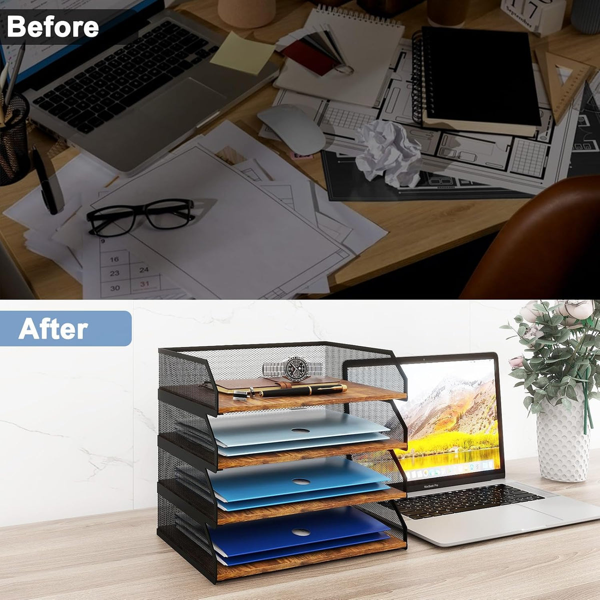 2-Tier Stackable Metal Mesh Paper Organizer with Sliding Tray,Retro