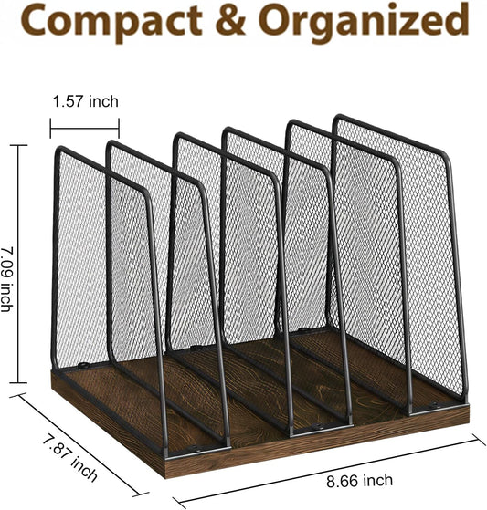 5-Section Vertical File Organizer for Desk, Sturdy Wood Base & Metal Mesh Desktop File Holder, Upright Paper Folder Sorter for Office Supplies(Rustic Brown)
