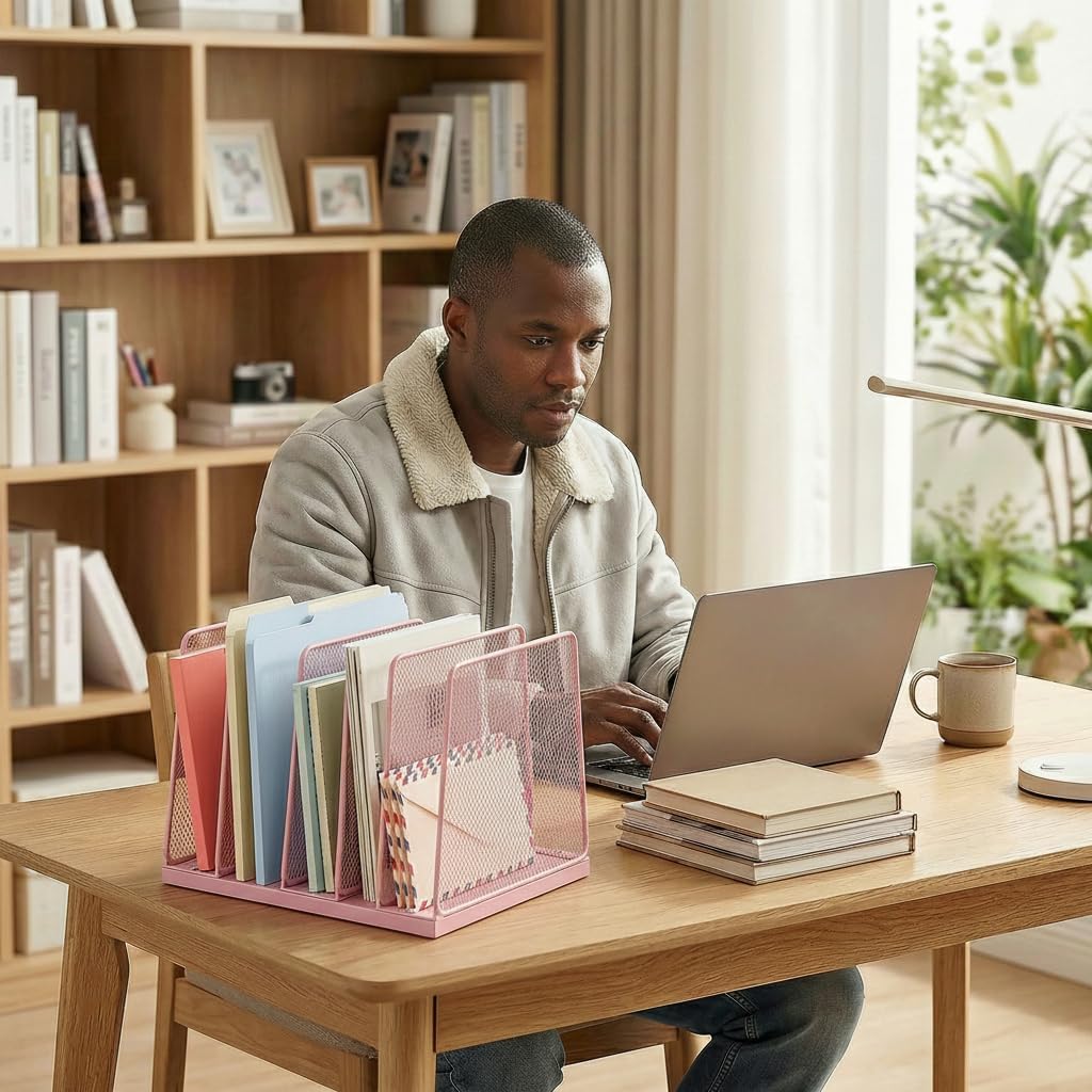 5-Section Vertical File Organizer for Desk, Sturdy Wood Base & Metal Mesh Desktop File Holder, Upright Paper Folder Sorter for Office Supplies(Rustic Brown)