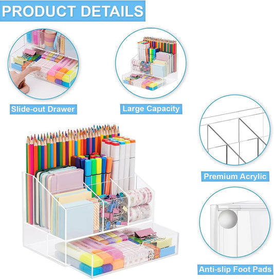 Acrylic Desk Organizer, Upgraded Clear Pencil Organizer for Desk, 7 Compartments Stationary Pen Organizer Storage with Drawer, for Office Supply, 500+ Pencils Capacity