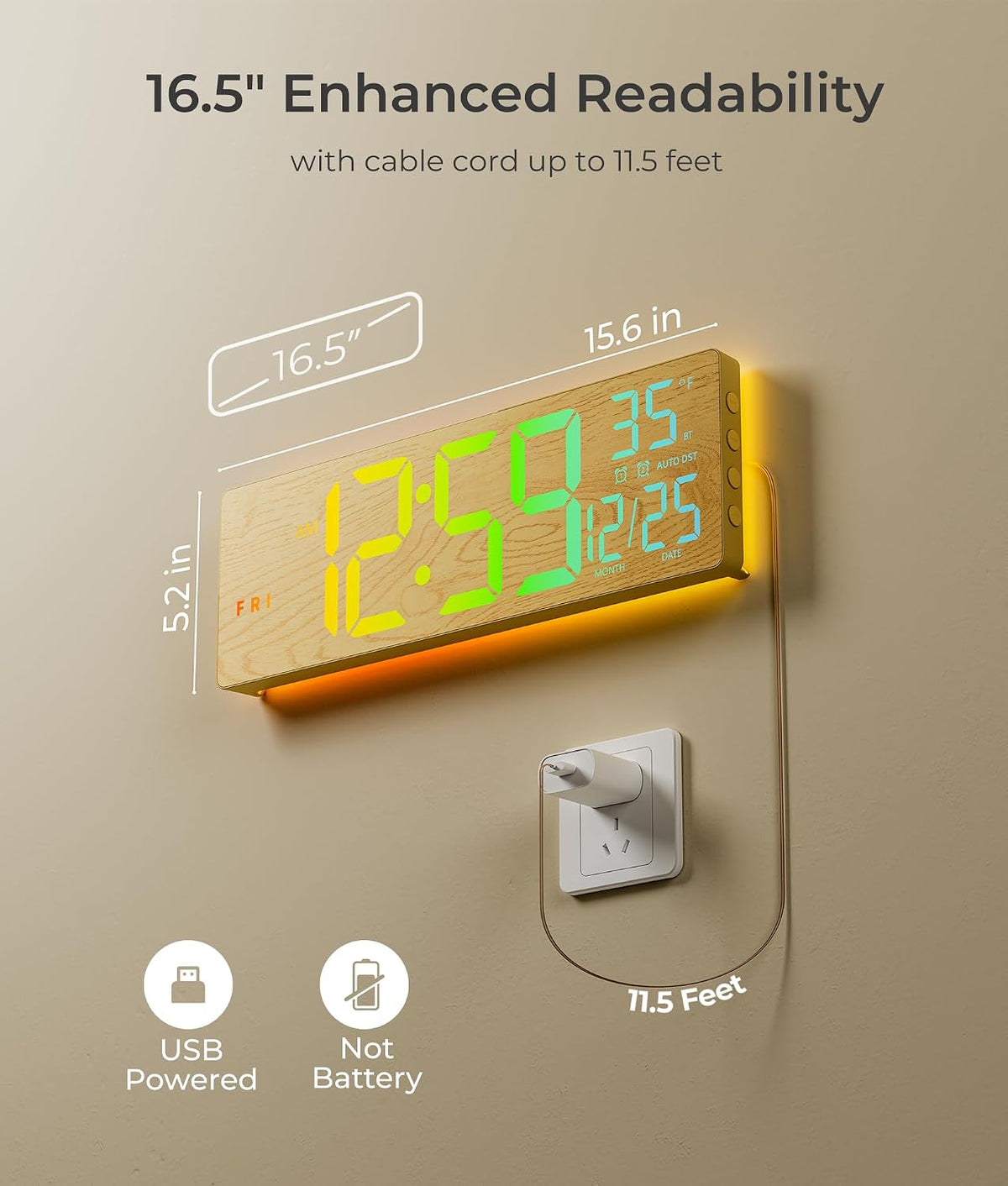 16.5" Large Digital Wall Clock with BT Sync,11 RGB Lights