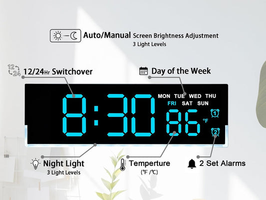 7 Inch LED Digital Alarm Clock, Blue