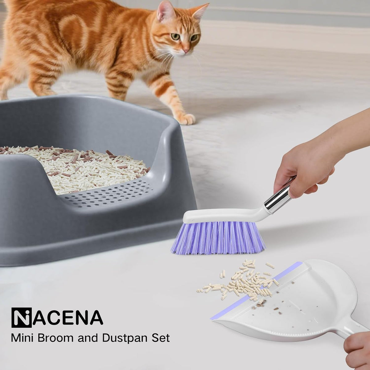 Mini Broom and Dustpan Set, Small Dust Pan and Brush Set, White&Gray