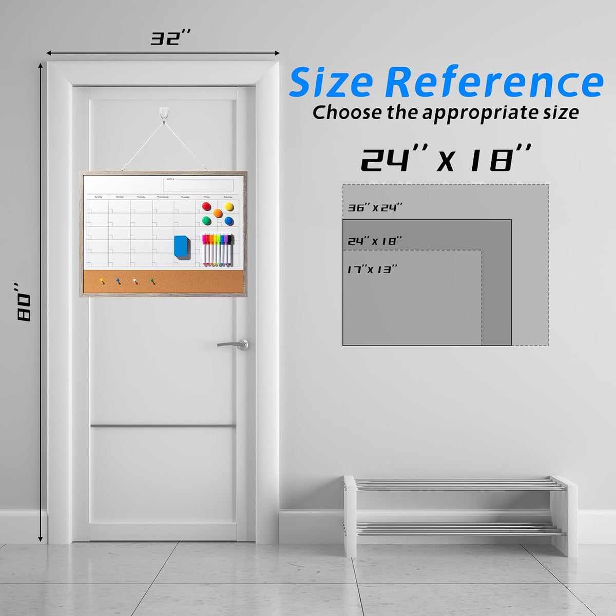 Dry Erase Calendar Whiteboard, 17" x 13" Magnetic Whiteboard Cork Board Combo, Reusable Monthly Planner with 8 Markers, Eraser, Magnets and Pushpins, Hanging Dry Erase Board for Home, School - White