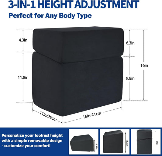 Adjustable Foot Rest for Under Desk At Work - 3-in-1 Ergonomic Foot Stool with Zipper Connection, 6.3"/11.8"/16" Height Adjustable for Office, Home & Gaming (Black)