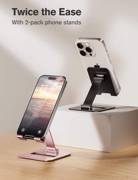 2 Pcs Aluminum Dual Folding Cell Phone Stand for Desk Black&Rosegold