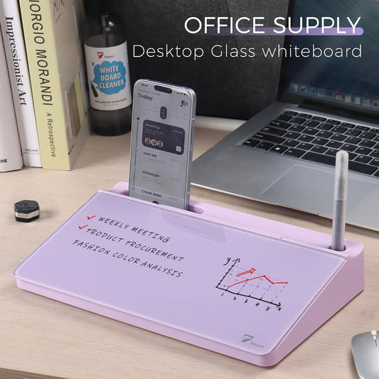Compact Glass Desktop Whiteboard with Storage 12x7 in, Lavender
