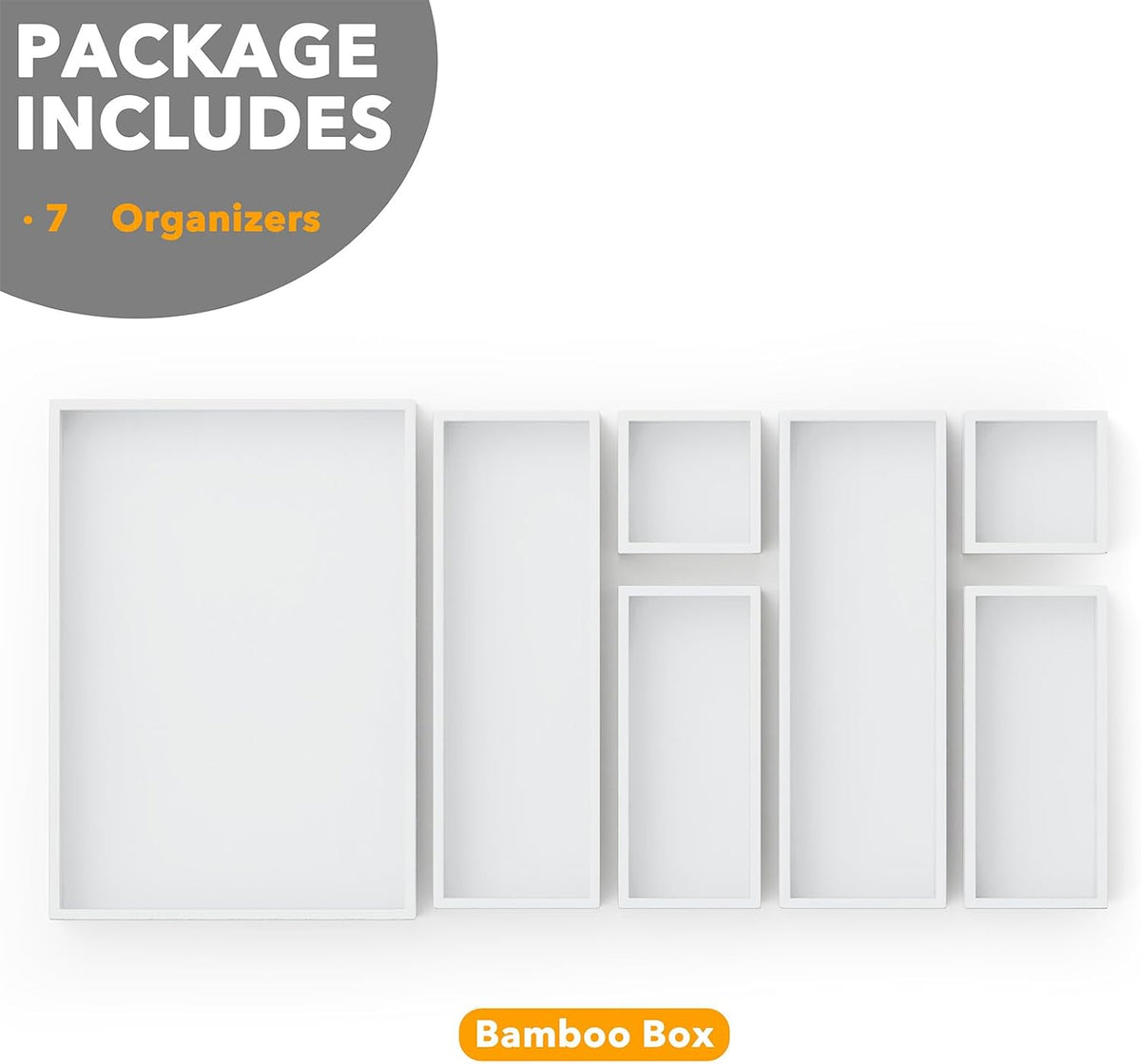 7-Piece Bamboo Drawer Organizer Storage Boxes Set, Wood Tray Junk Drawer Organizers Multi-Use Divider Bins for Kitchen, Bathroom, Office Desk and Makeup Organization (7 Pack, Natural)