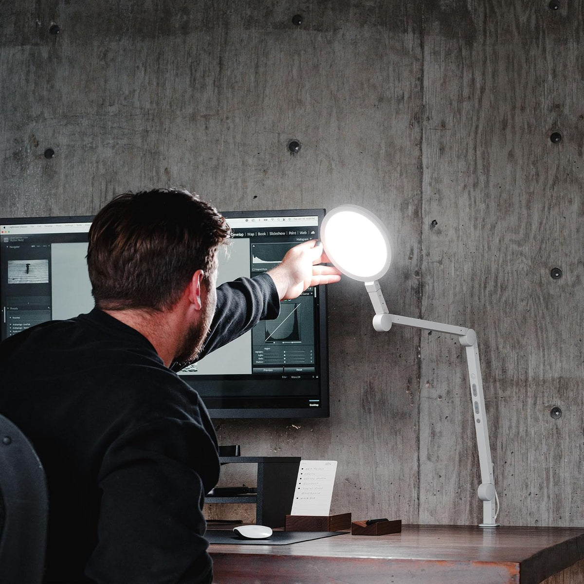 Edge 2.0 LED Desk Lamp | Dimmable Home Office Desk Light with USB Charging Port & Strong Swing Arm | Adjustable Color Temperature and Brightness | Circle Webcam Light - White