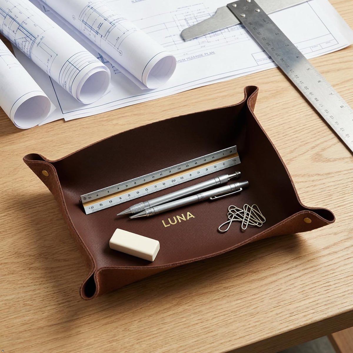 Personalized Full Grain Leather Travel Valet Tray
