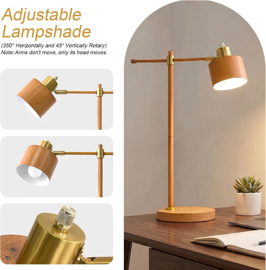 22.2" Mid Century Desk Lamp, Modern Metal Table Lamp with LED Bulb, Adjustable Reading Lamps, Industrial Task Lamp for Home Office, Farmhouse Bedside Lamps with Solid Base, Woodgrain