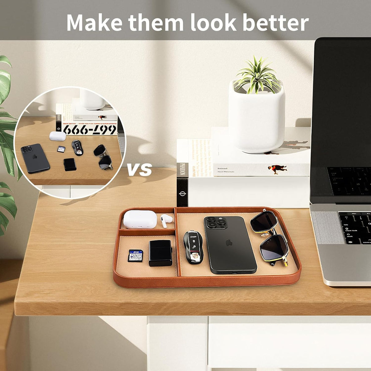 Leather Tray, Stylish and Organized Multifunctional Tray, for Table Entryway, Premium PU Leather, Catchall Tray for Keys, Watch, Wallet, Jewelry, and More (Black Frame)