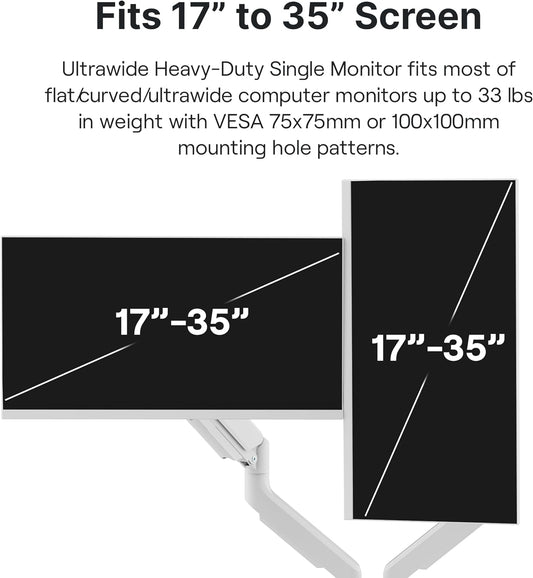 PS2D White Ultrawide Heavy-Duty Premium Dual Monitor Arm Stand Desk Mount - Fits up to 35 inches Two Monitors, Weights up to 33 lbs Each, Compatible with VESA 75x75mm 100x100mm