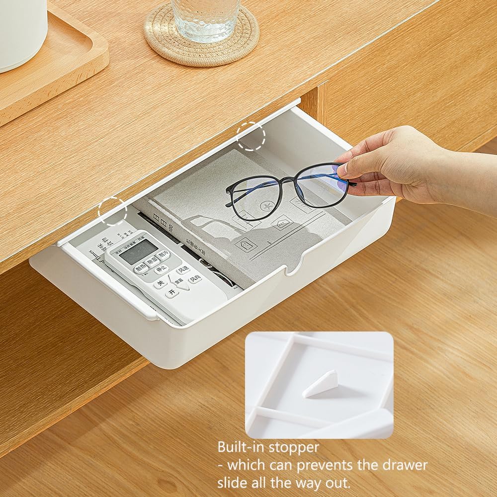 Under Desk Drawer Self-Stick Storage Organizer for Office Home School, Holders for Desk Accessories, Large Size, White