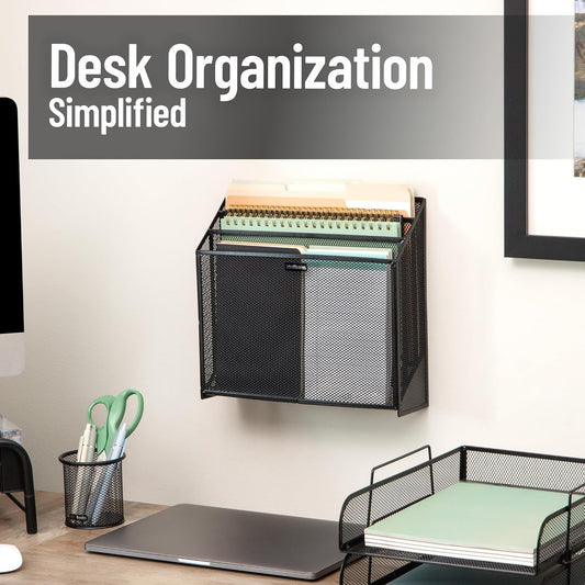 Vertical File Storage, Desktop Organizer, Wall Mount, Office, Metal Mesh, Black