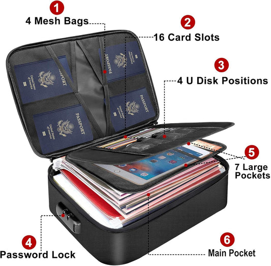 Document Bag with Lock, Fireproof 3-Layer File Storage Box, Black