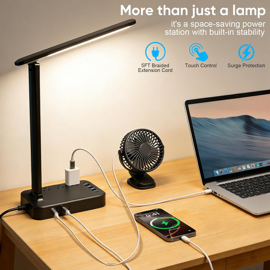 LED Desk Lamp with Power Strip, 3 AC Outlets & 4 USB Ports (2 USB-C), Eye-Caring Task Light, 5 Color Modes 5 Brightness Dimmable, Sturdy Base Home Office Dorm Room Essentials