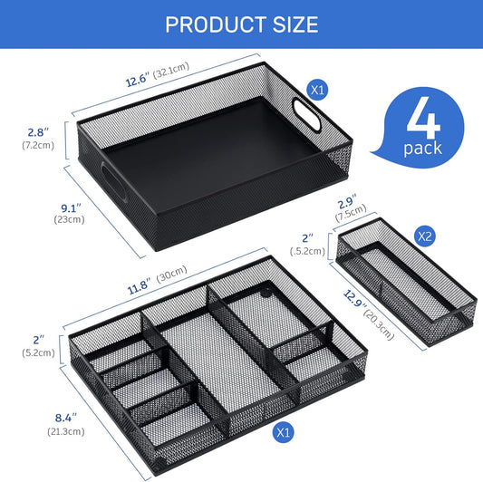 Desk Drawer Organizer, 4 Pack Metal Mesh, Black