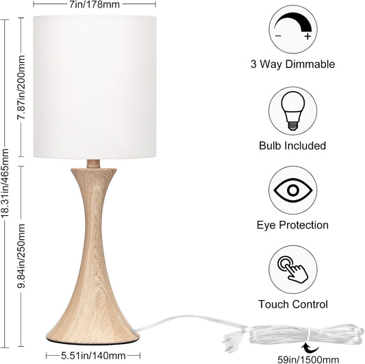 Dimmable Wood Grain Metal Table Lamp, 3 Way Touch Lamp with White Shade