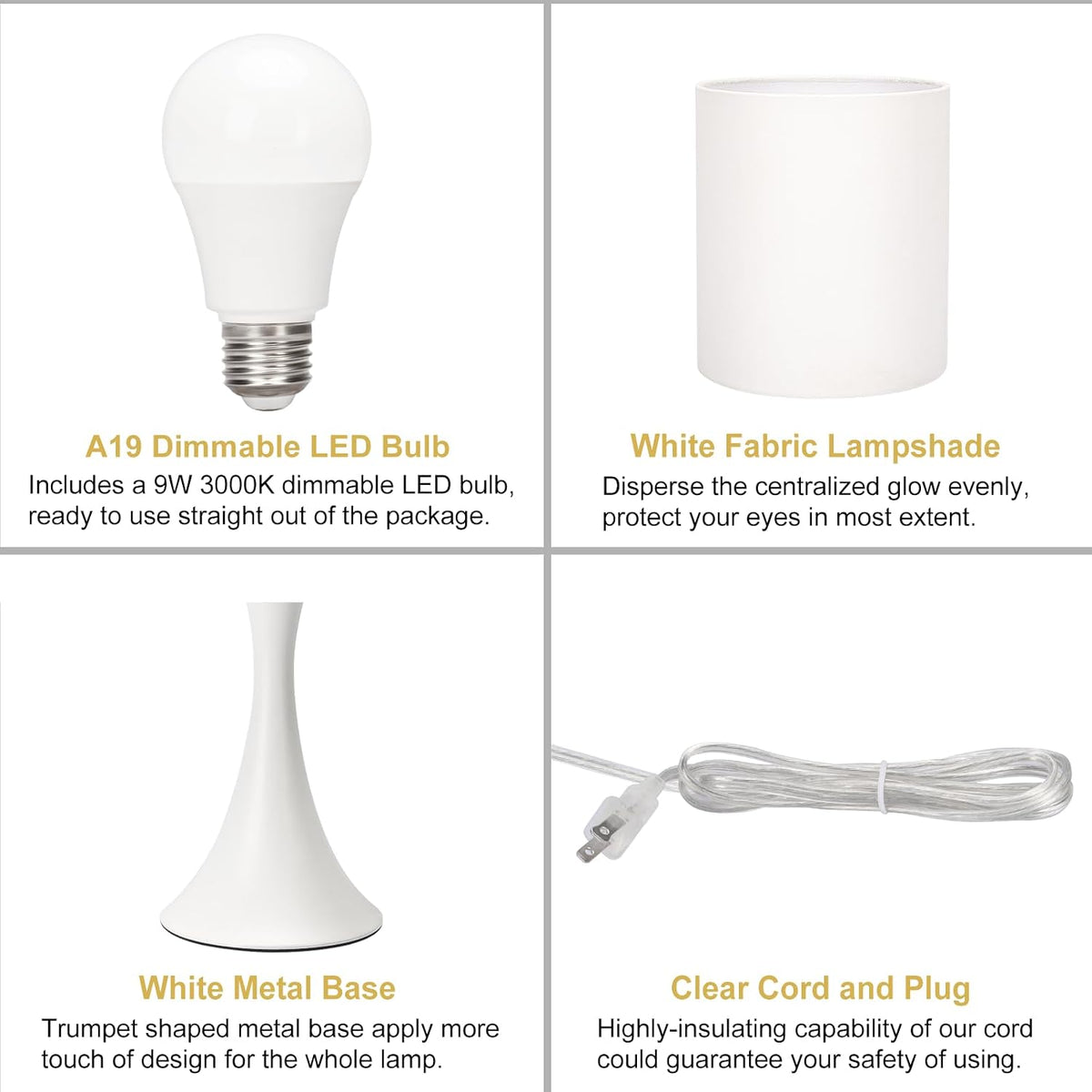 Dimmable Wood Grain Metal Table Lamp, 3 Way Touch Lamp with White Shade