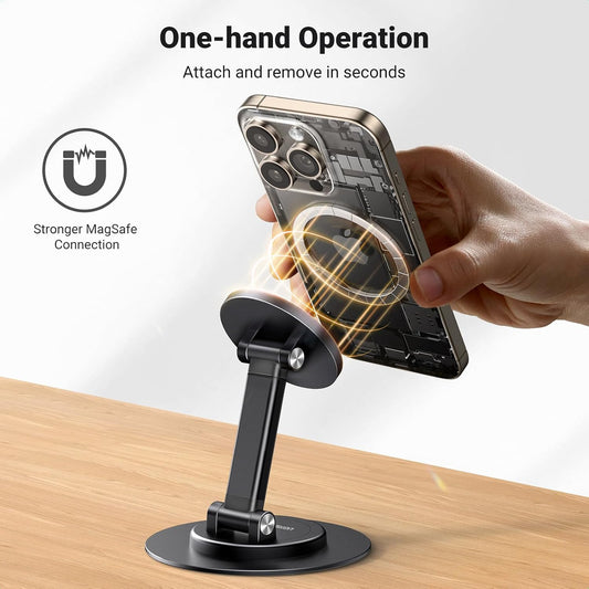 Magnetic Phone Stand for MagSafe, Height Adjustable iPhone Stand for Desk with 360° Rotation Compatible for iPhone 17 Air 16 Pro 15 Pro Max 14 Plus 13 12 and MagSafe Case, Black