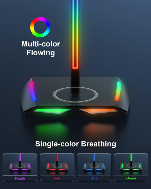 RGB Headphone Stand with 2 USB-C & 1 USB Charging Ports, Desk Gaming Headset Holder with 7 Light Modes and Non-Slip Rubber Base Suitable for All Earphone Accessories
