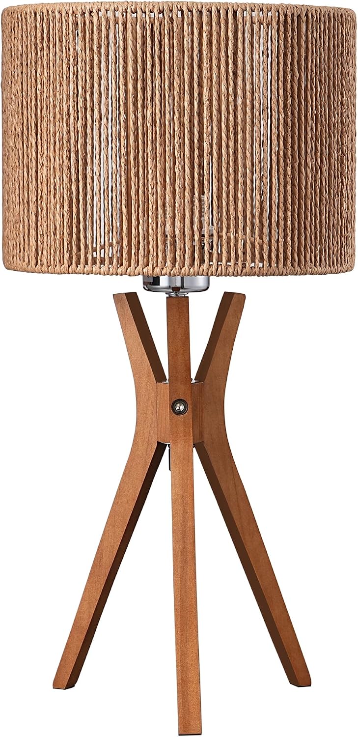 Mid Century Table Lamp, 17.5" Tripod Bedside Lamp with Deep Wood Color Light Base & Beige Linen Lampshade, Nightstand Lamp for Bedroom, Living Room, Reading Room, E26 Base