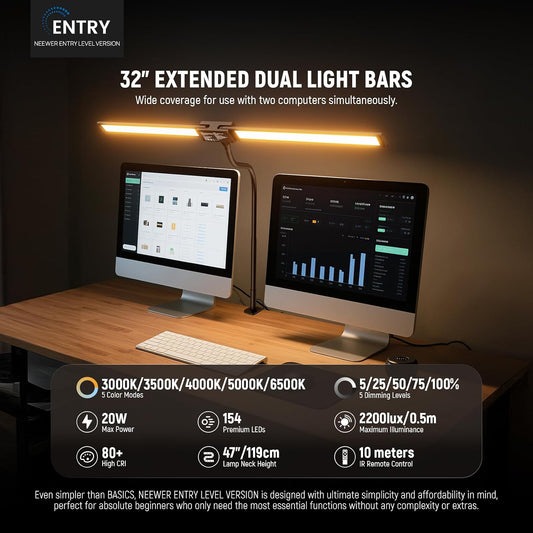 Entry Level Version 32" LED Light with Clamp for Desk Home Office Dorm Designer Drafting, 20W Dual Computer Monitor Architect Lamp Bar, Flexible Overhead 2200lux/Remote/5 Modes CRI80+, N21
