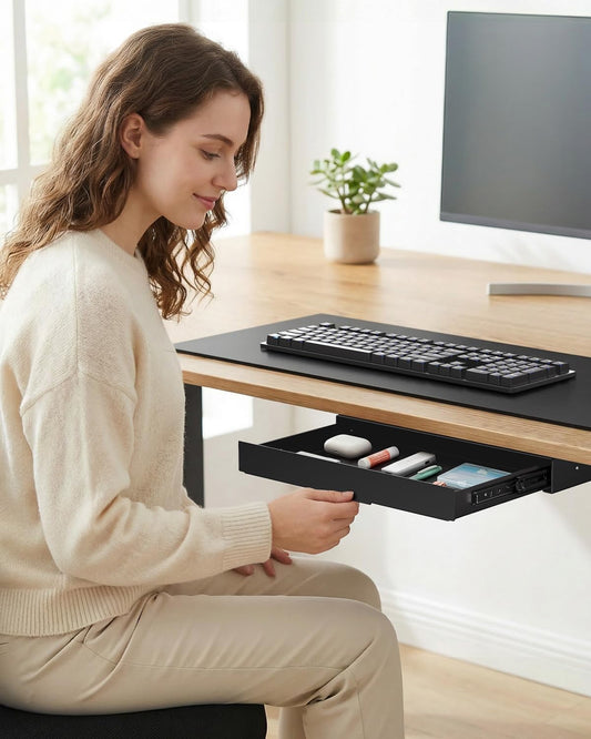 Under Desk Storage Drawer 14.8" Wide - Smooth Slide Out Organizer for Standing Desk & Home Office, Max Load 17.6 lbs, Quiet Glide, Black