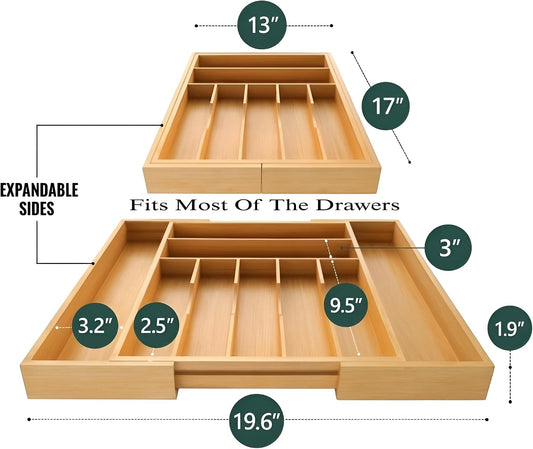 Bamboo Drawer Organizer – Expandable 9 Slot Silverware & Utensil Tray for Kitchen, Office & Kitchen –Fits 13”–19.6” Drawers, Natural Bamboo Wood, Deep Compartments - Durable & Eco-Friendly