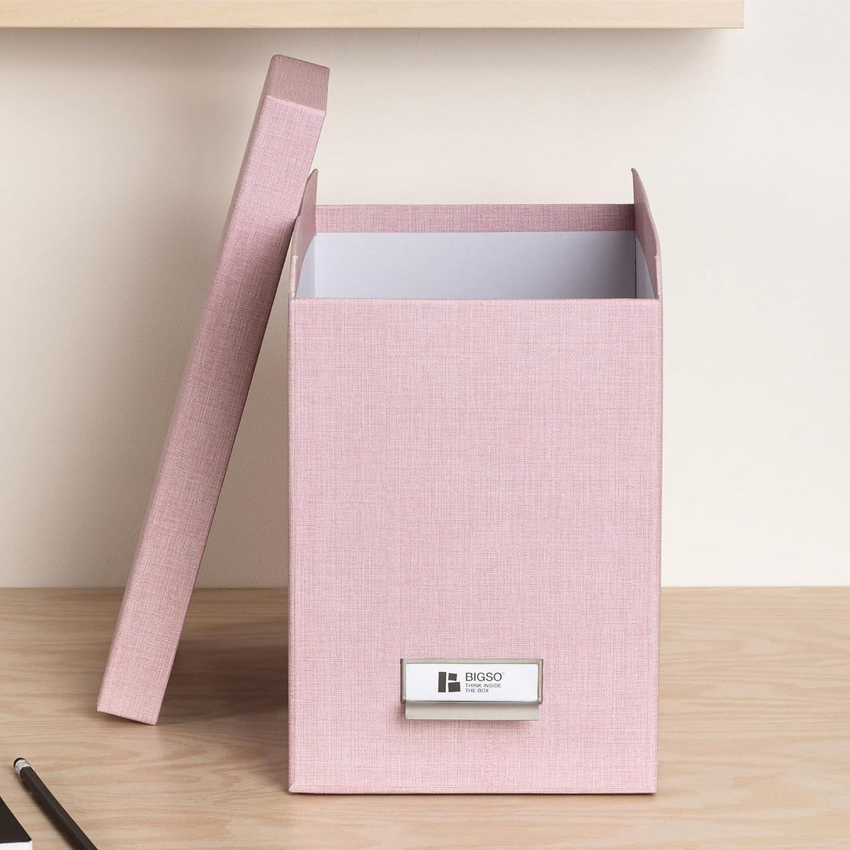 John Fiberboard Label Frame Desktop File Storage Box - Document Organizer for Important Paperwork - Durable Hanging File Box with Lid & Metal Label Window - 7.36 x 13.38 x 10.51 in - Fawn