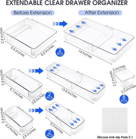 14Pcs Extendable Drawer Organizer 4-Size Expandable Drawer Organizer