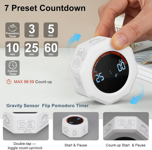 Small Productivity Timer, Pomodoro Timer with 5 Presets (White)