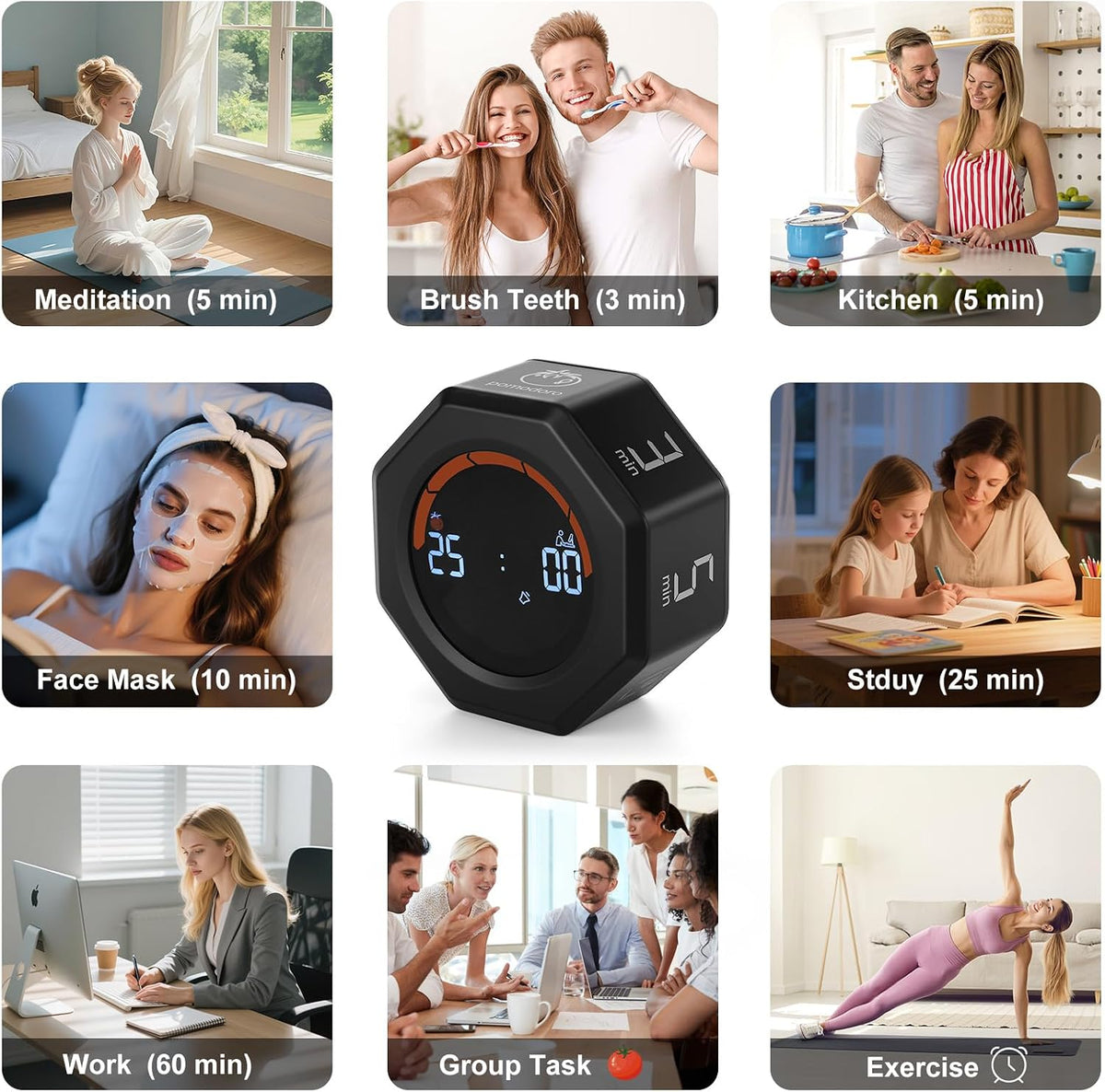 Small Productivity Timer, Pomodoro Timer with 5 Presets (White)