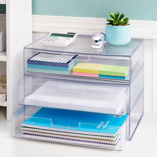 STAX Plastic Stackable Organizer Drawers (Set of 2) Clear | 12.5" Wide | Set Includes Two Open Drawer | Organize Office Desk Accessories & Sort Paper | Made in USA